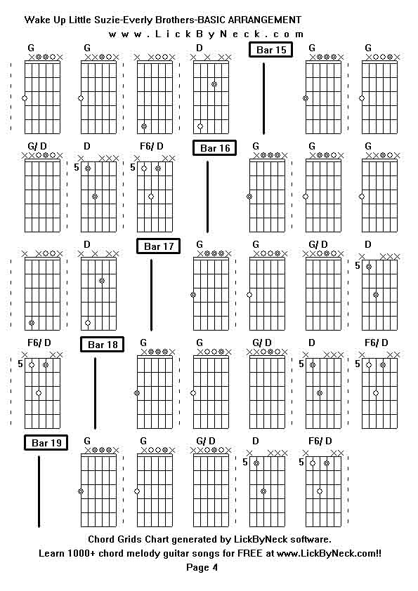 Chord Grids Chart of chord melody fingerstyle guitar song-Wake Up Little Suzie-Everly Brothers-BASIC ARRANGEMENT,generated by LickByNeck software.